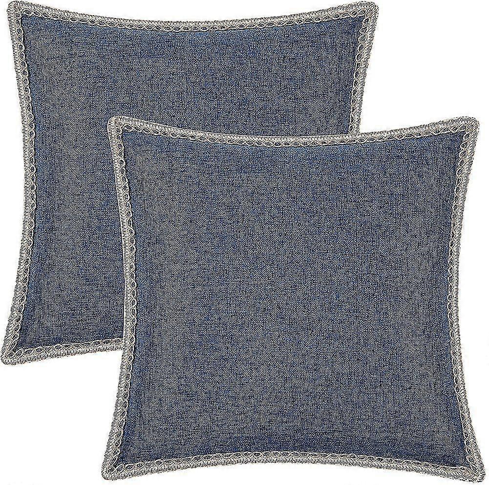 Deep Blue Linen Pillow Covers 18x18 Inch Set Of 2, Rustic Decorative Throw Pillo