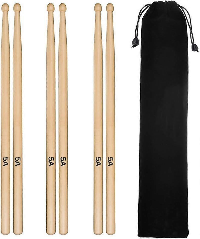5A Drum Sticks Classic Maple Drum Sticks Wooden Drumsticks Student Grips, 3 Pairs