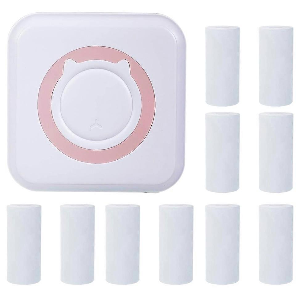 Mini thermal printer set and 10 paper rolls 57x25mm, Bluetooth, iOS/Android compatible, APP printing, 1200 mAh, White/Pink