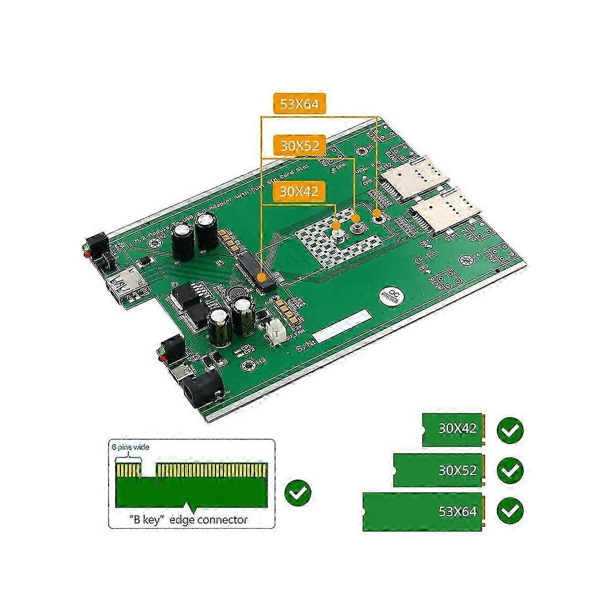 NGFF(M.2) 4G/5G Module to USB 3.0 Adapter with Cooler Fan/Dual SIM Card Slot and Auxiliary Power wi
