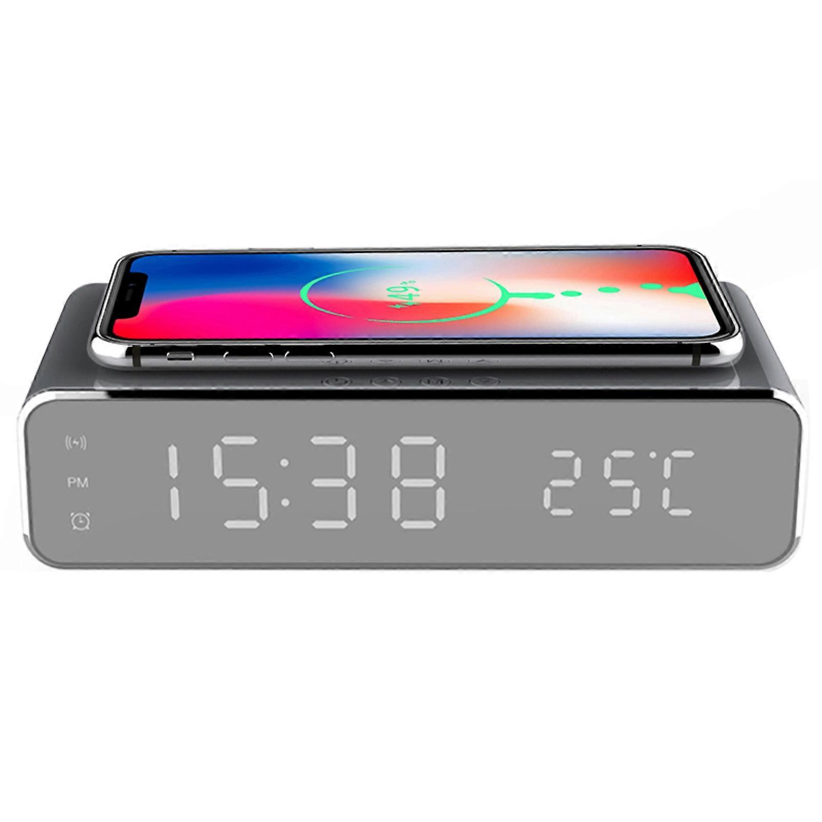Digital Alarm Clock Wireless Charger Dock Mirror Face Clock with Thermometer