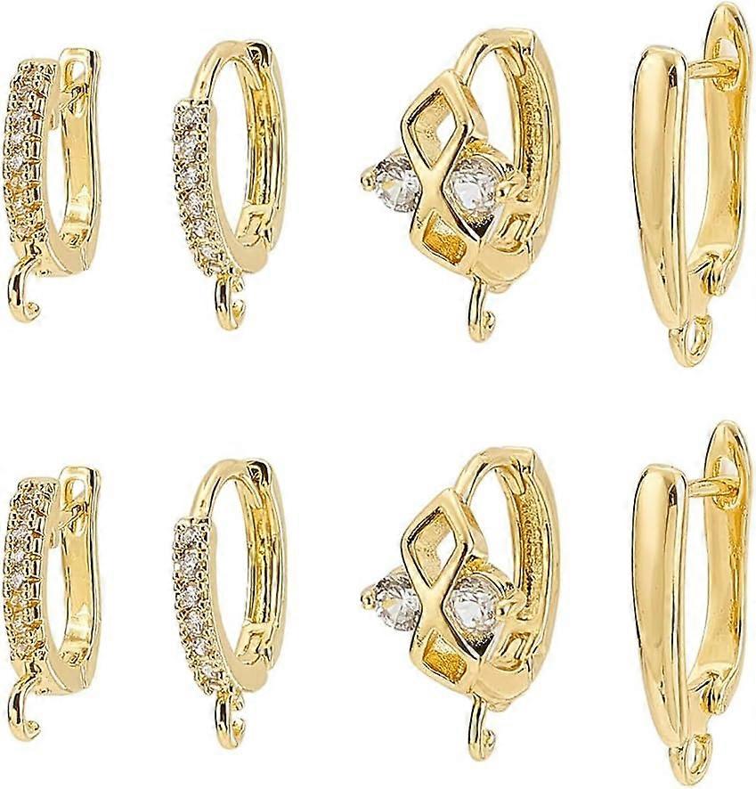 8pcs 4 styles Brass Hoop Earring Findings with Clear Cubic Zirconia and Horizontal Loops Real 18K Gold Plated 14~19x11~14.5x2~8mm Hole: 1.2~1.8mm Pin: