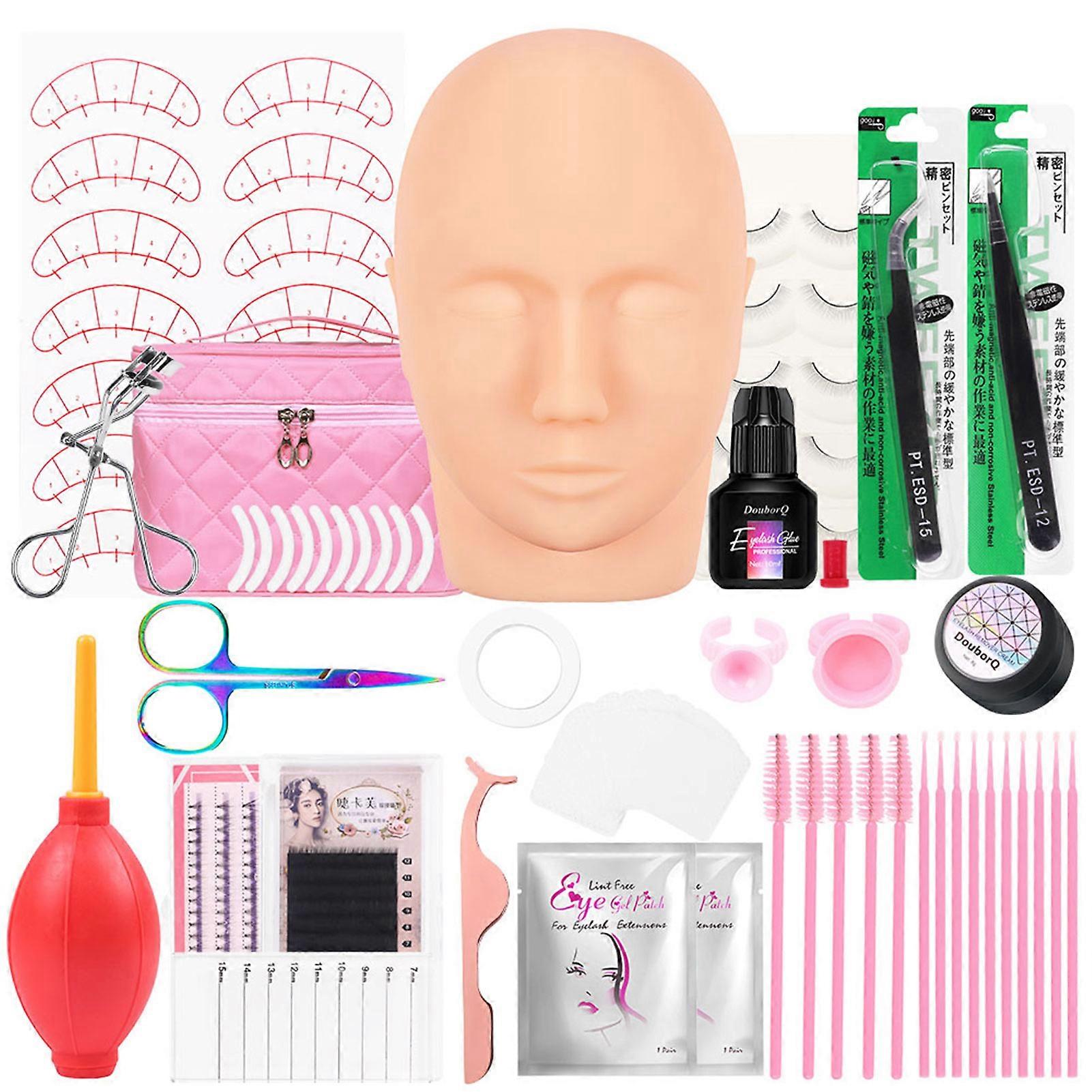 Self-grafting Eyelashes Tools Kit Mannequin Head False Eyelashes Extension Practice for Beginners Pink Cosmetic Bag