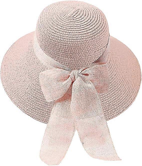 Rose - Chapeau de soleil de plage en paille à large bord UPF 50+ pour femme