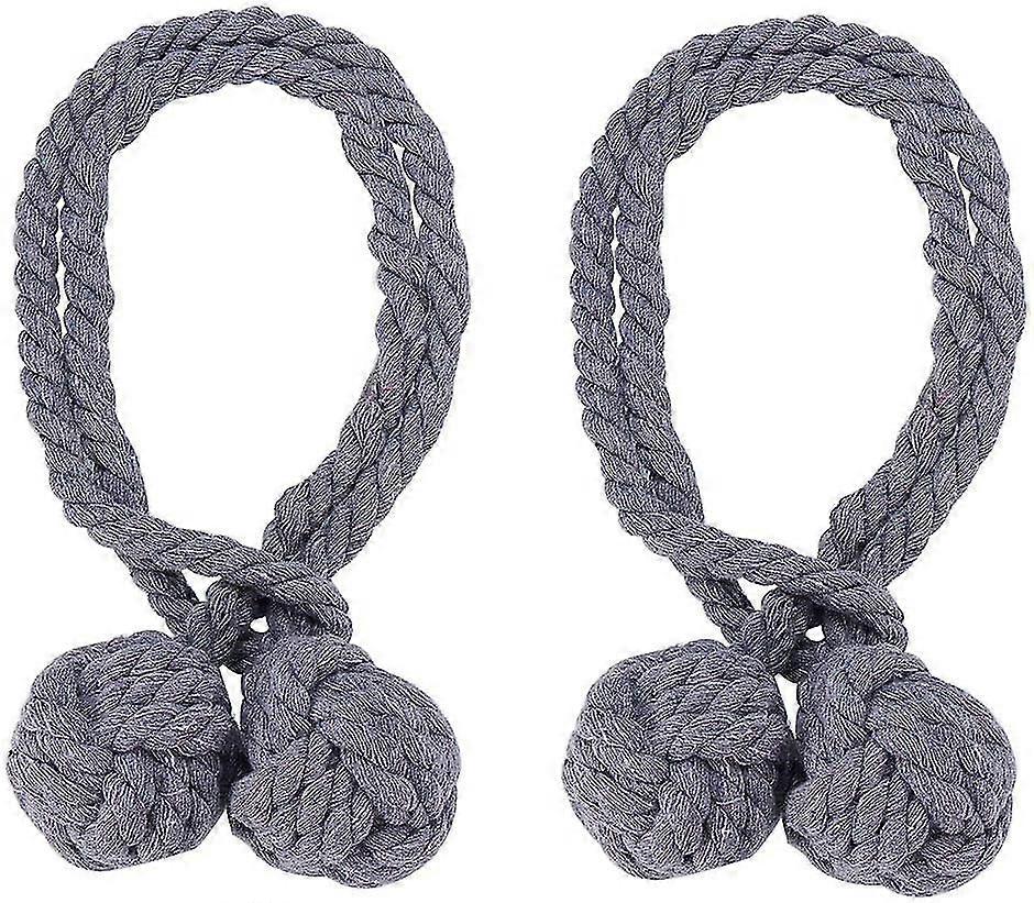 Til 1 par håndstrikkede naturlige bomuldsgardiner med dobbelt kugle (grå)