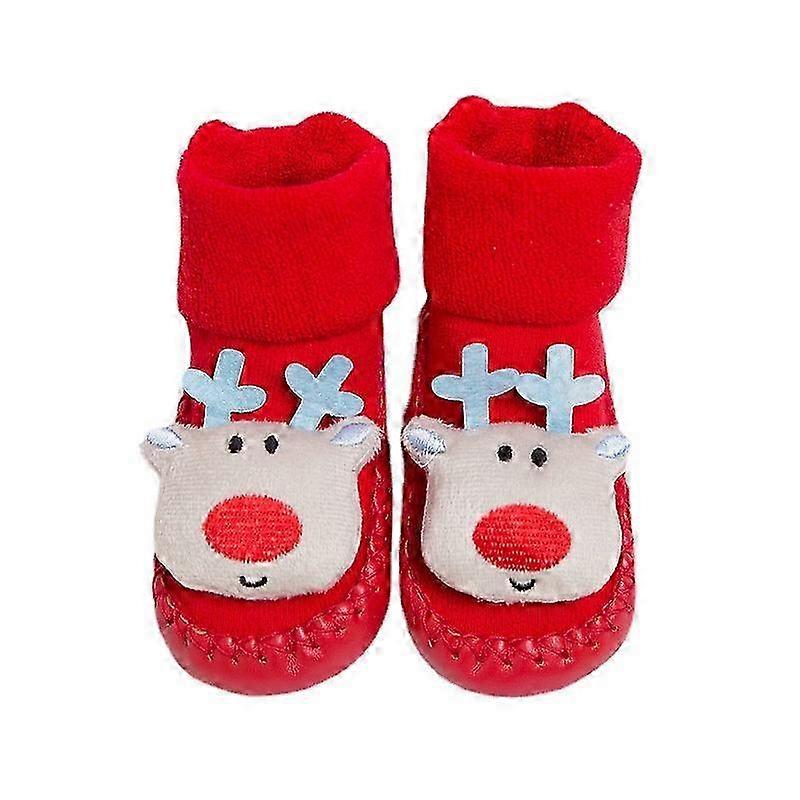 Calzini natalizi per neonati, calzini antiscivolo per pantofole da interno, design alce, grigio, 11 cm