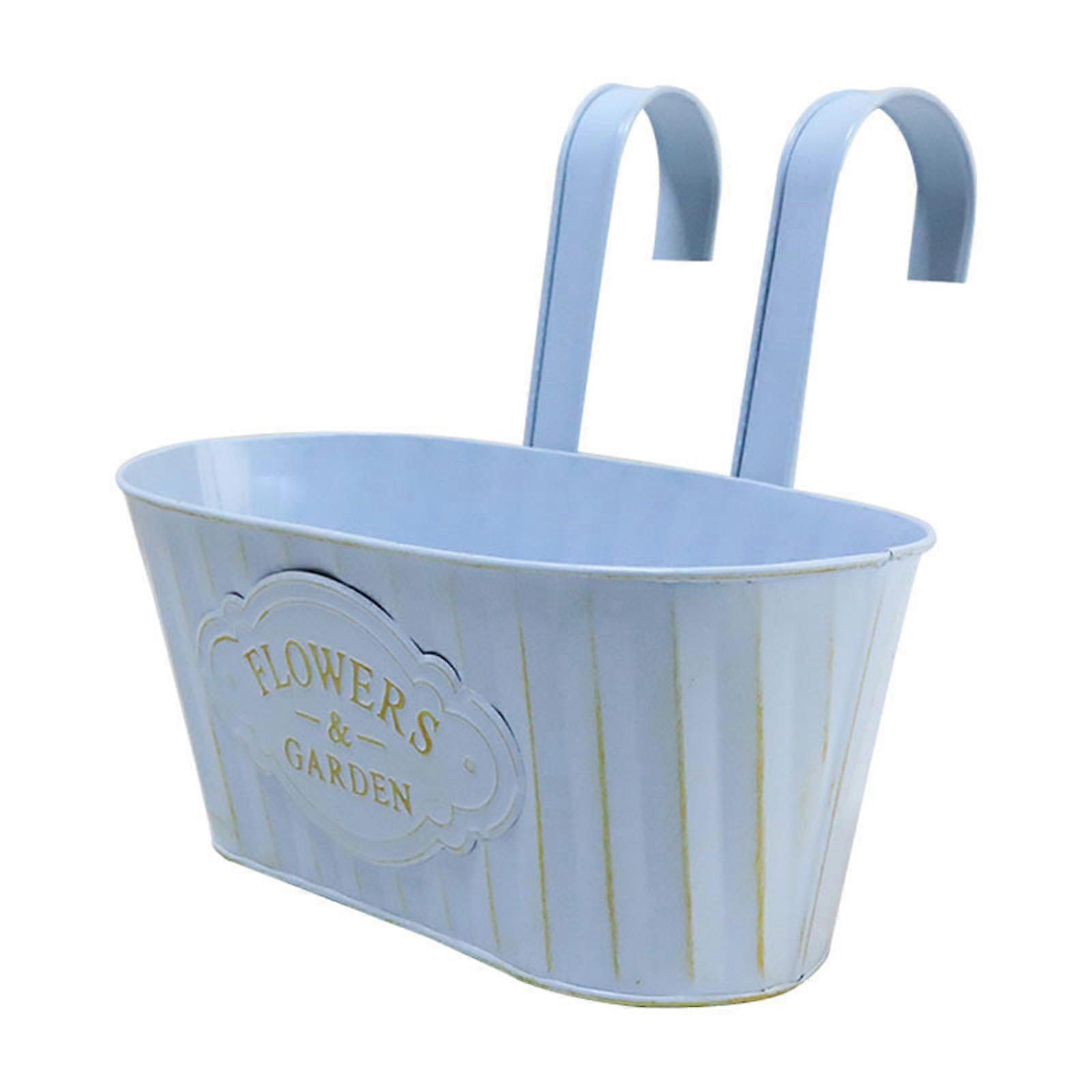 Metal Iron Hanging Flower Pots Balcony Planter with Detachable Double Hook Bucket for Railing Fence Garden Decorations  Blue