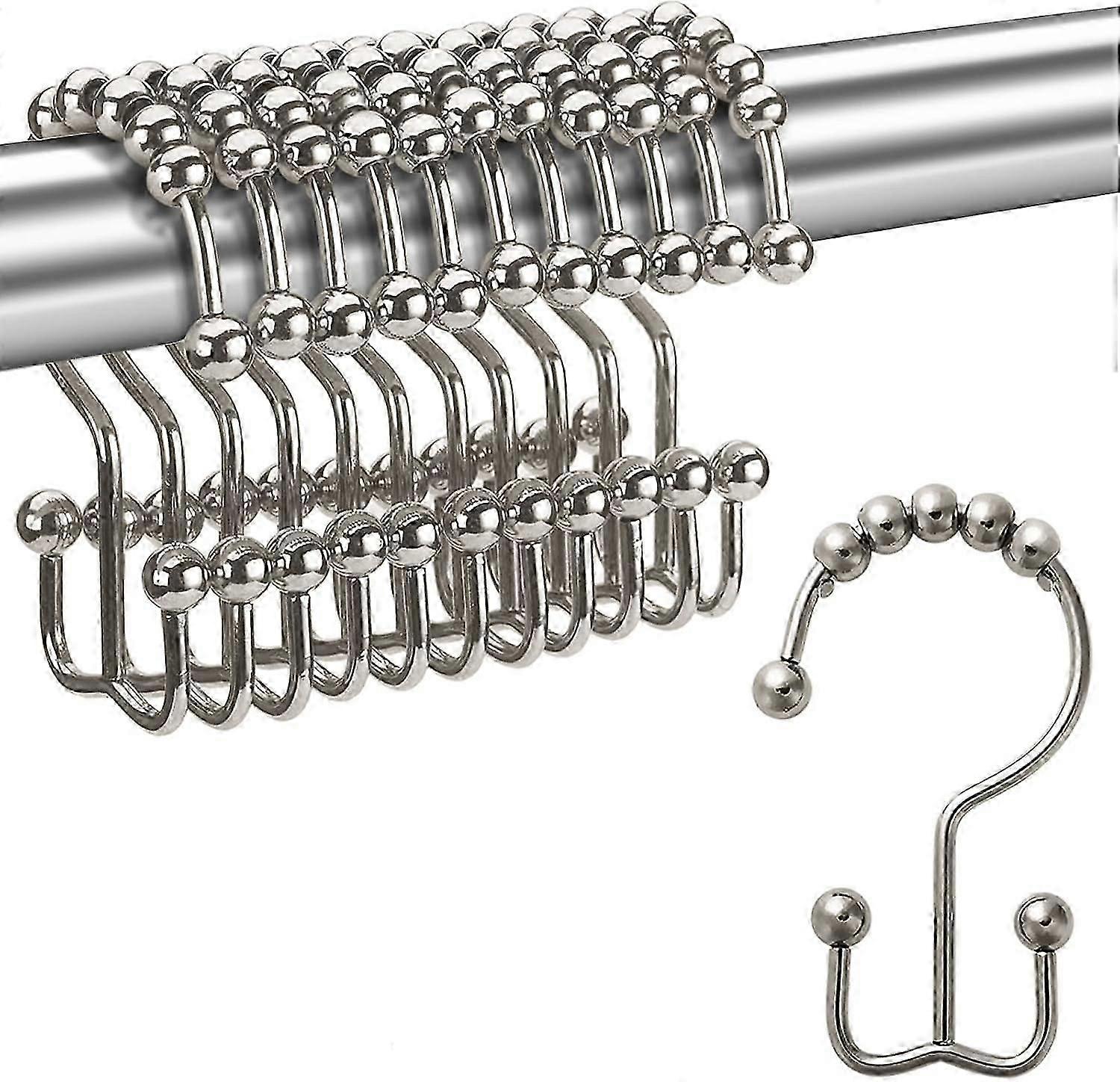 Shower Curtain Hooks Rings, Rust-Resistant Metal Double Glide Shower Hooks for Bathroom Shower Rods Curtains, Set of 12 Hooks - Nickel