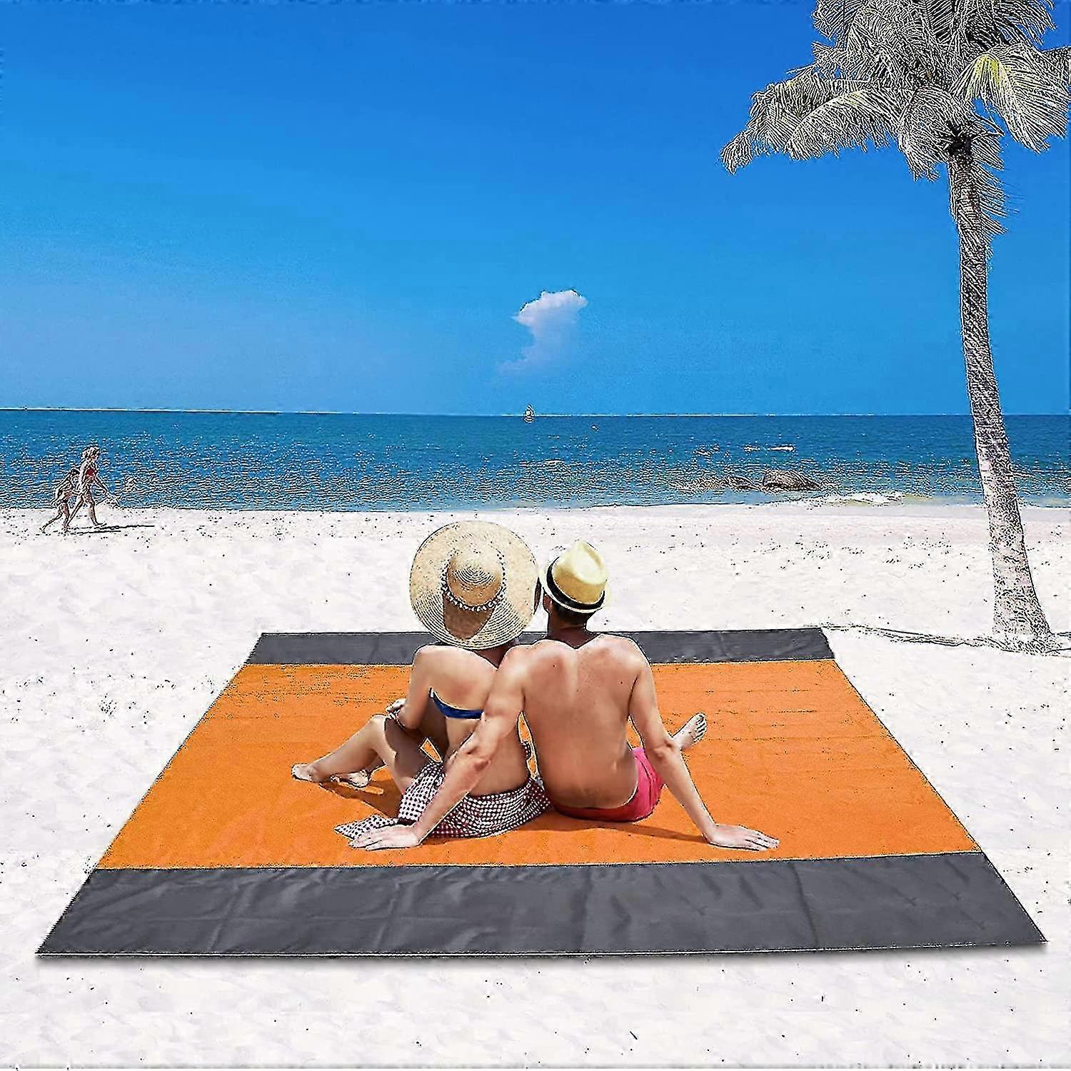 Beach Blanket, Waterproof Picnic Blanket 200 X 210 Cm, Anti-sand Beach Mat, 4 Windproof Fixing Corners, Xxl Beach Towel For The Beach (orang f26