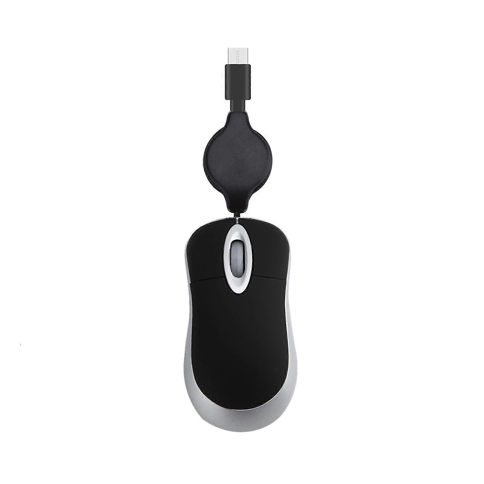 USB C Corded Mouse Retractable Cable Small Mouse for Kids Children 1000DPI Optical Travel Mouse PC Desktop Notebook  Black