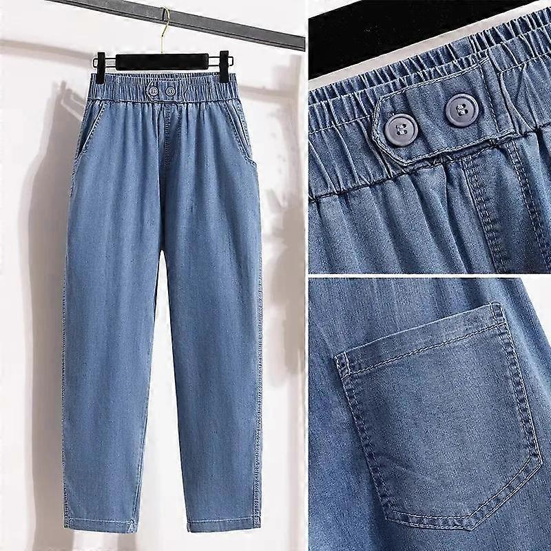 Plus Size Jeans Summer Women Basic Elastic Wide Leg Pants Loose Casual Female Blue Trousers Pants