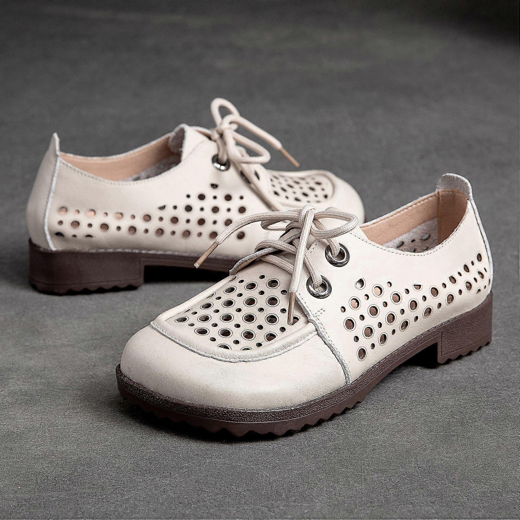 Johnature Retro Piele Naturală Toc Jos Pompe Vârf Rotund Scobit Respirabil Sandale Femei Pantofi