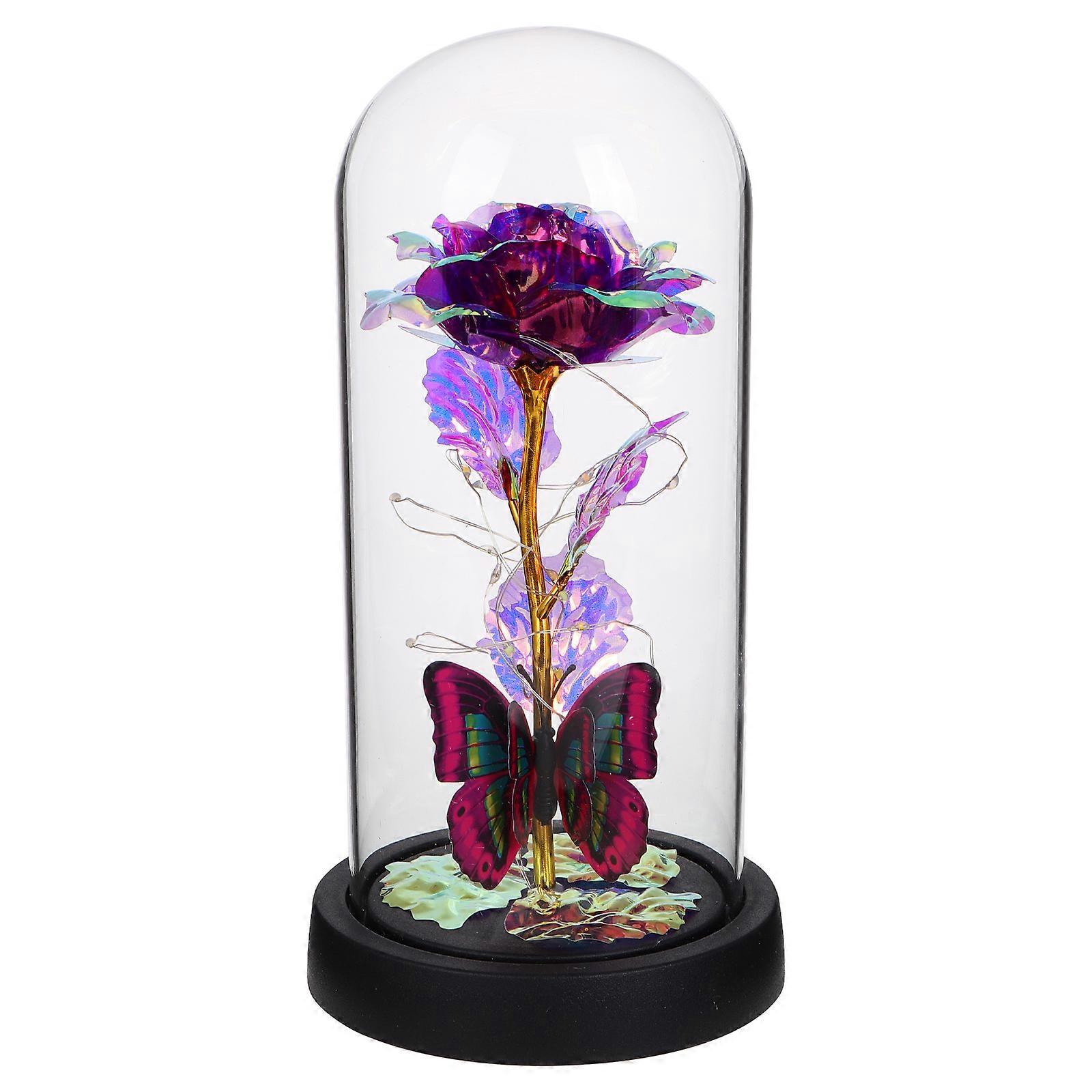 Rose In Glass Dome With Lights Decorative Ornament Valentines Day Present For Lovers Purple 20.00X10.00X10.00CM 1Set