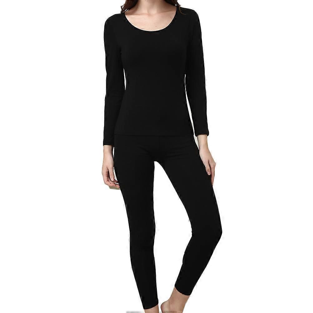Women Thermal Set Long Johns Base Layer Outdoor Winter Activities Spandex Material Black L 2Pcs