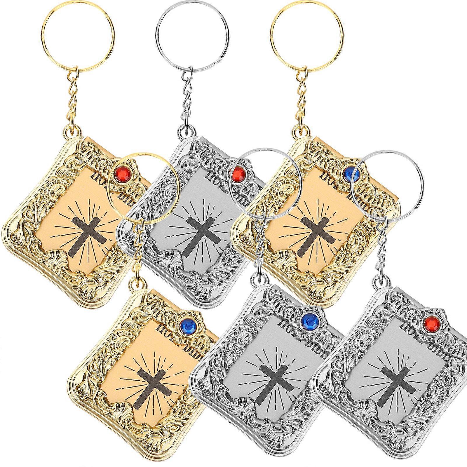 Vintage Style Religious Symbol Small Keyring For Ladies Book Shape Alloy Cross Shape Home Keys Car Keys 6Pcs