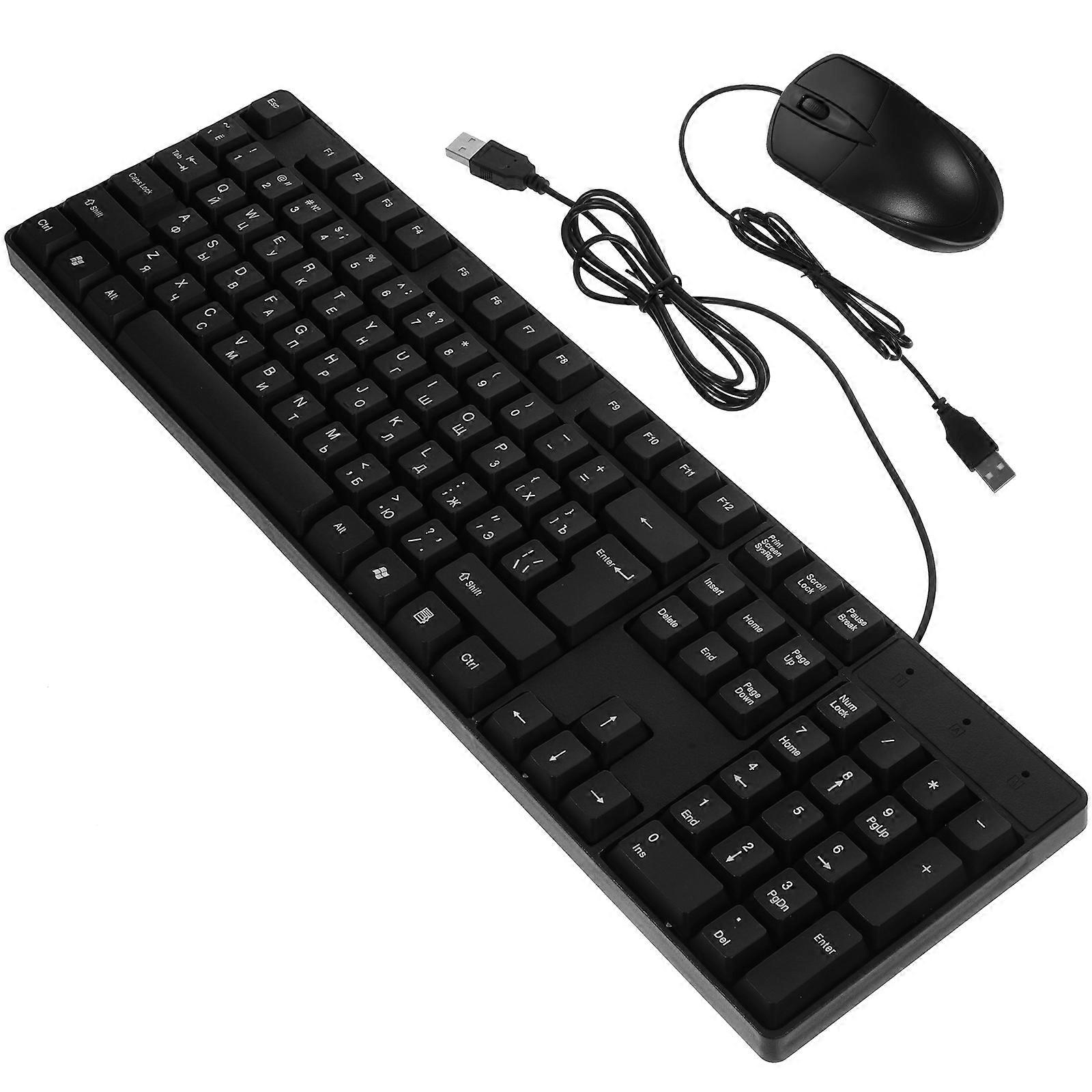 Russian Computer Keyboard and Mouse Set Wired Elegant Rectangular Black for Office Work Plug and Play 1Set