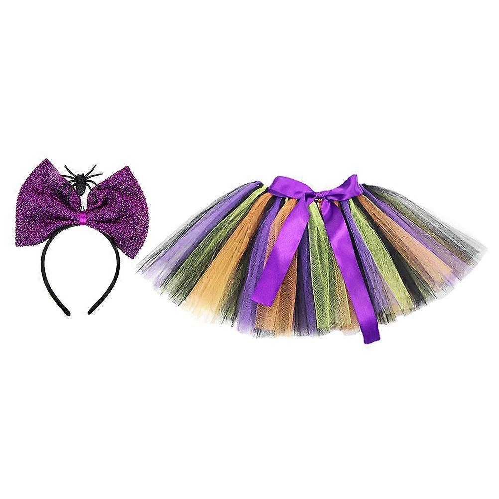 Halloween Costume Sets For Girls Rainbow Tutu And Spider Bow Shape Good Elasticity Comfy Wear 1Set