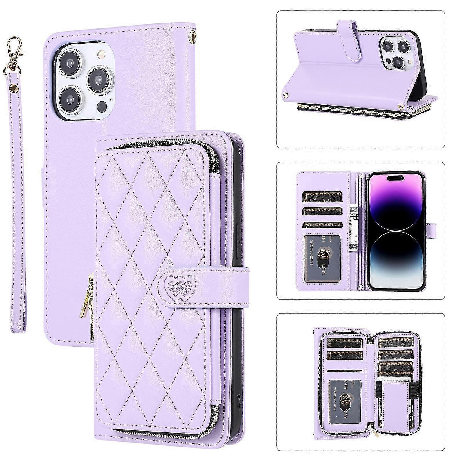 حافظة محفظة لهاتف iPhone 15 Pro Max / 15 Ultra ، جراب فليب من جلد البولي يوريثان مع حزام حبل معصم ، حامل بطاقة ائتمان وجيب بسحاب للنساء