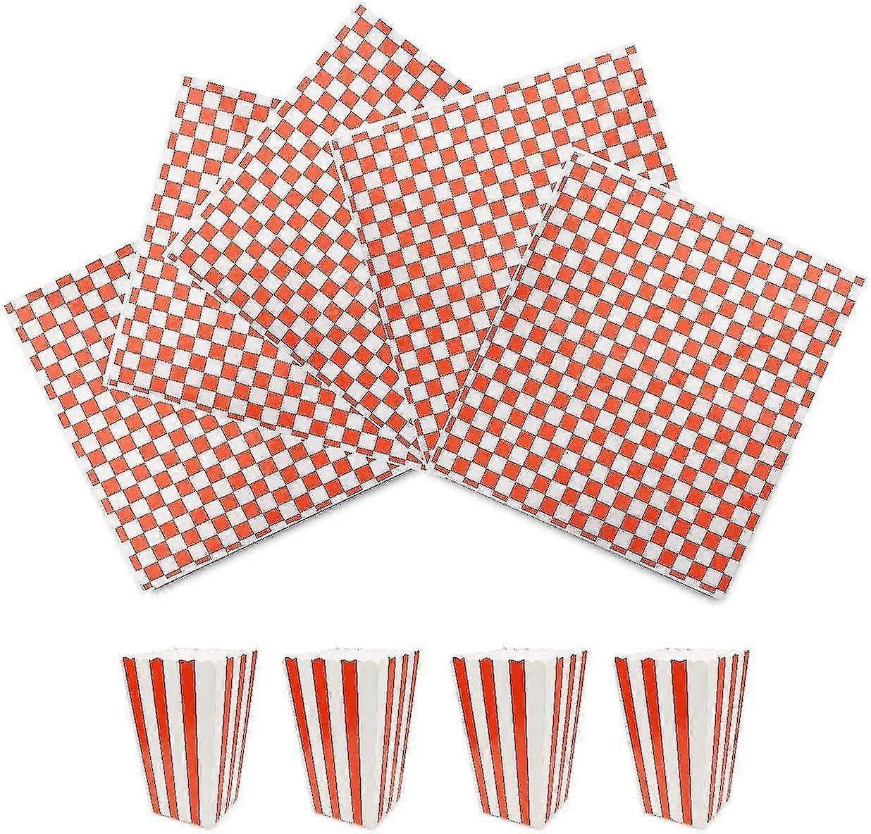 Red and white checked food wrapping paper and popcorn boxes, 100 sheets and 4 boxes, suitable for multiple occasions