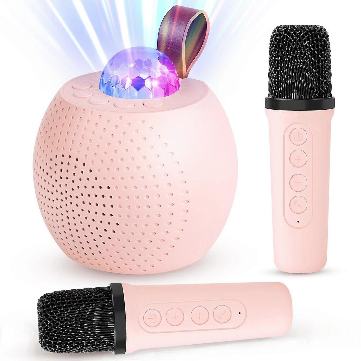 Mini Karaoke Machine for Kids Adults, Bluetooth Speaker with 2 Wireless Microphones, Portable Microphone Speaker with Colorful Disco Lights(Pink)