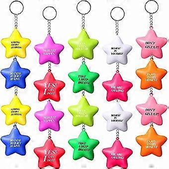 20-pack inspirerande nyckelringar för stressavlastning med motiverande meddelanden Mjuka skum stjärnbollar färgglada uppmuntrande tillbehör för barn och vuxna