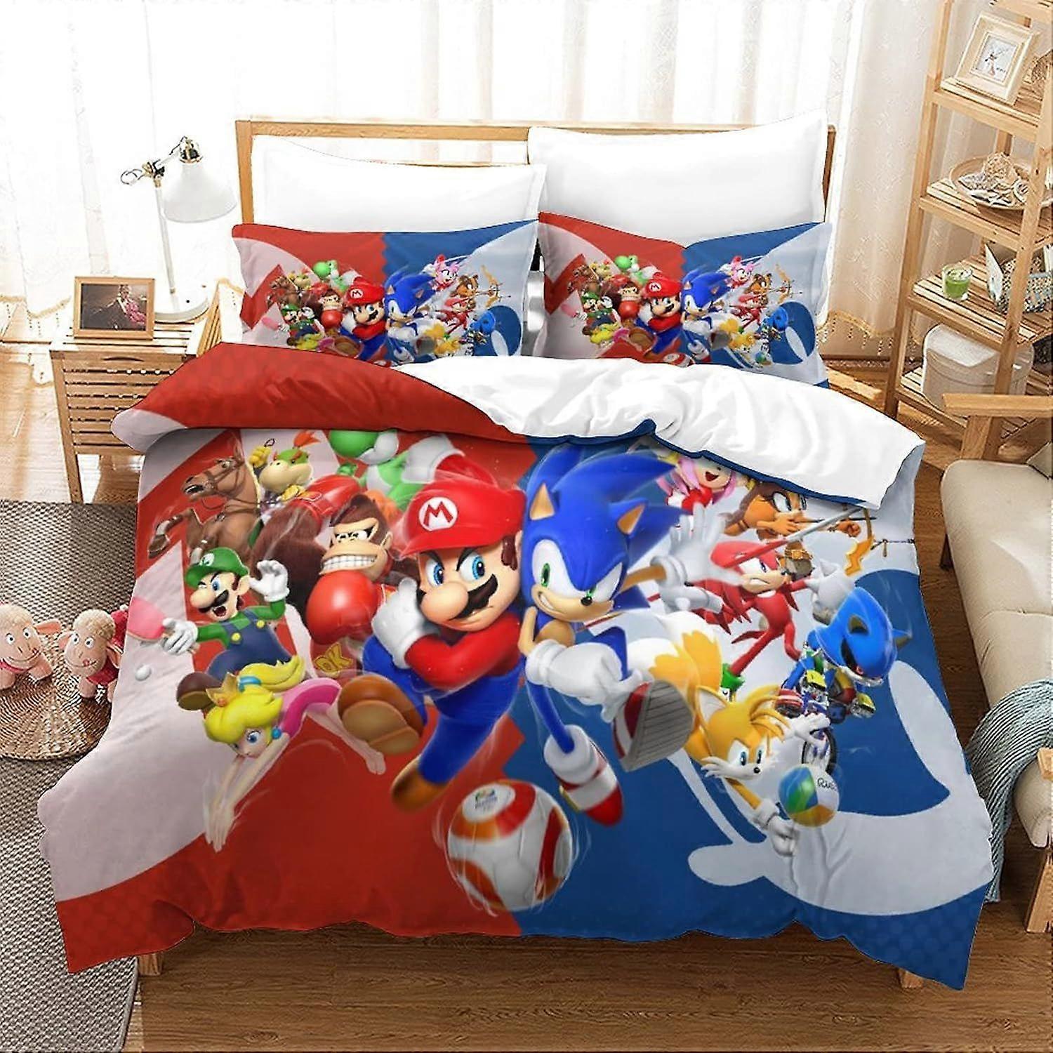 Bedding Single Bed Set Sonic Vs Mario Printed Single Size Bedding Sets Super Soft Microfiber Duvet Covers with Zipper with Pillowcases Hypoallergenic 