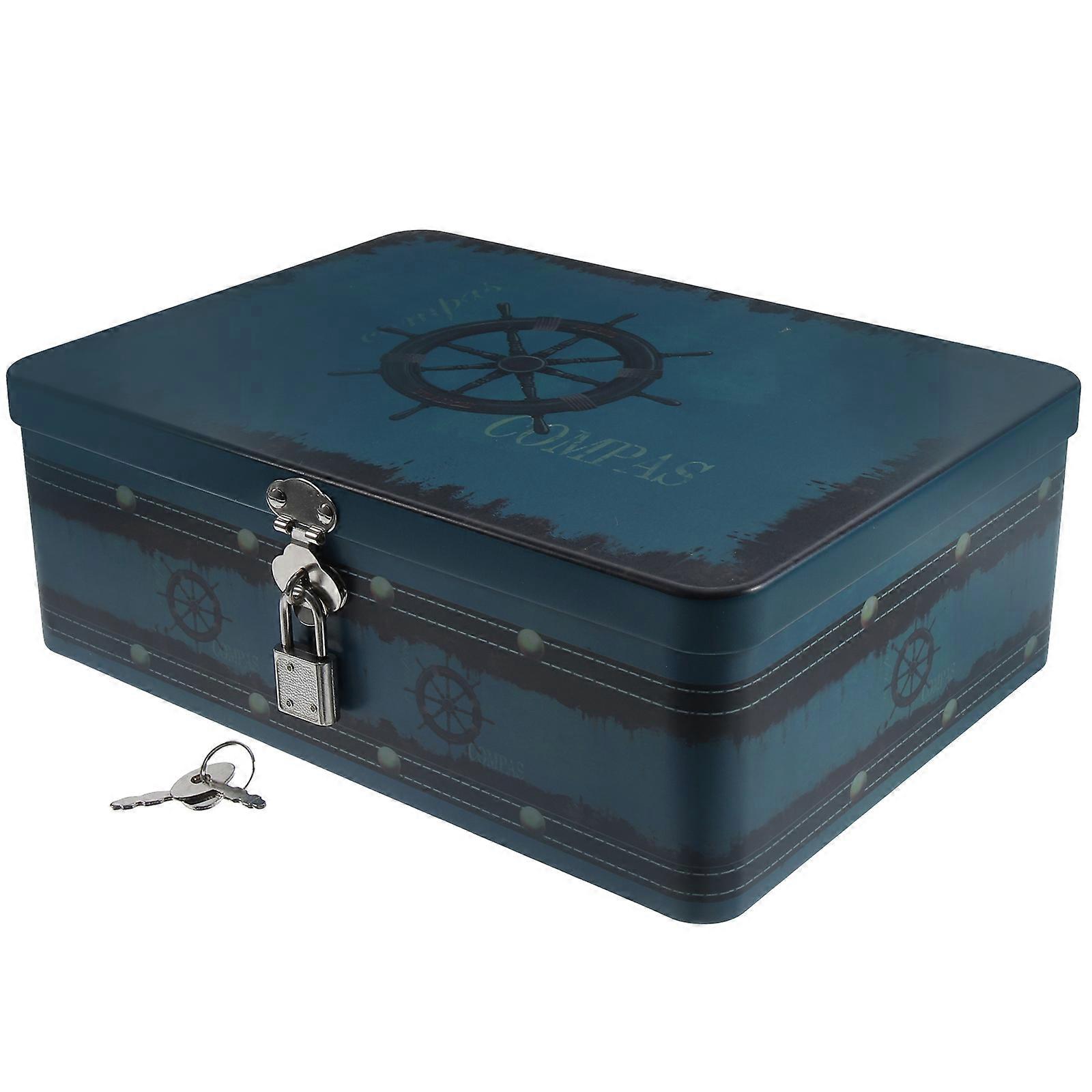 Vintage Lockable Tinplate Storage Box for Storage Dark Blue