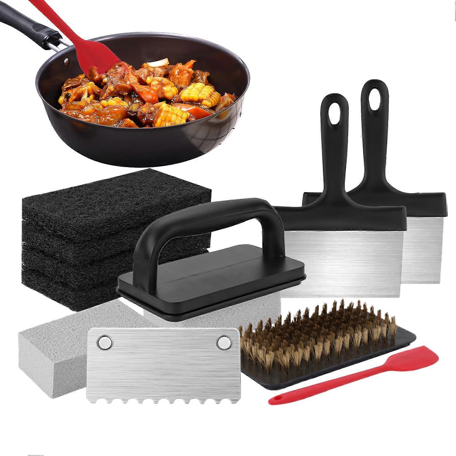 Barbecue Griddle Cleaning Kit Flat Griddle Tools Rust Removal Ergonomic Grip Portable MultiPurpose Set For Grilling