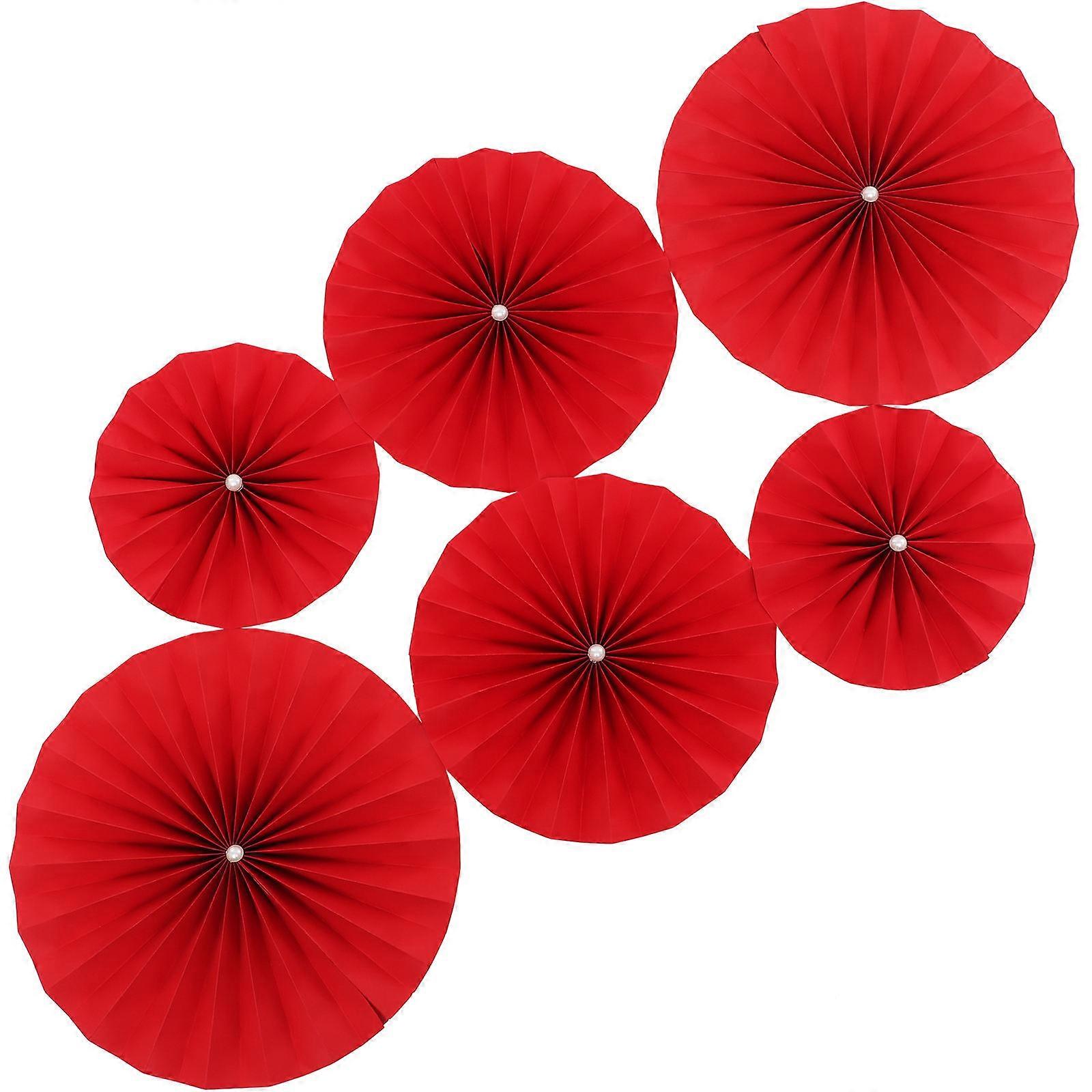 New Year Hanging Paper Fans Circular Paper Fans for Wall Hanging Red Paper and Plastic Material Decoration 12Pcs