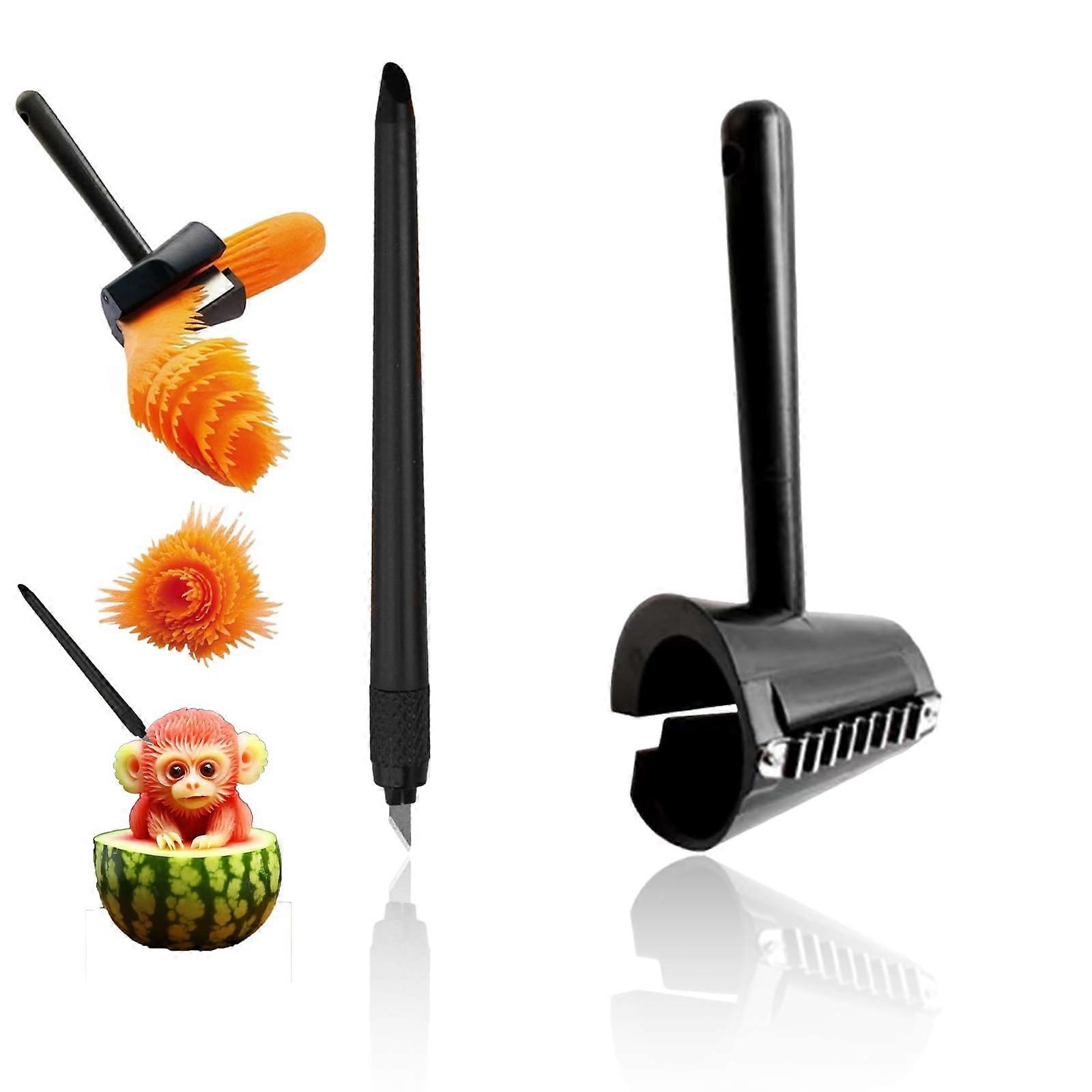 2 - Piece Fruit & Veggie Carving Set - Sharpen, Curl, Peel & Shred for Garnishing, Black
