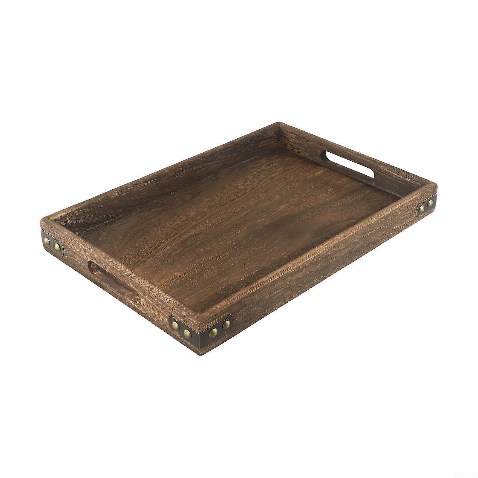 Solid Wood Serving Tray Set With Cutout Handles And Iron Corner Design, Ottoman Coffee Table Tray, Medium