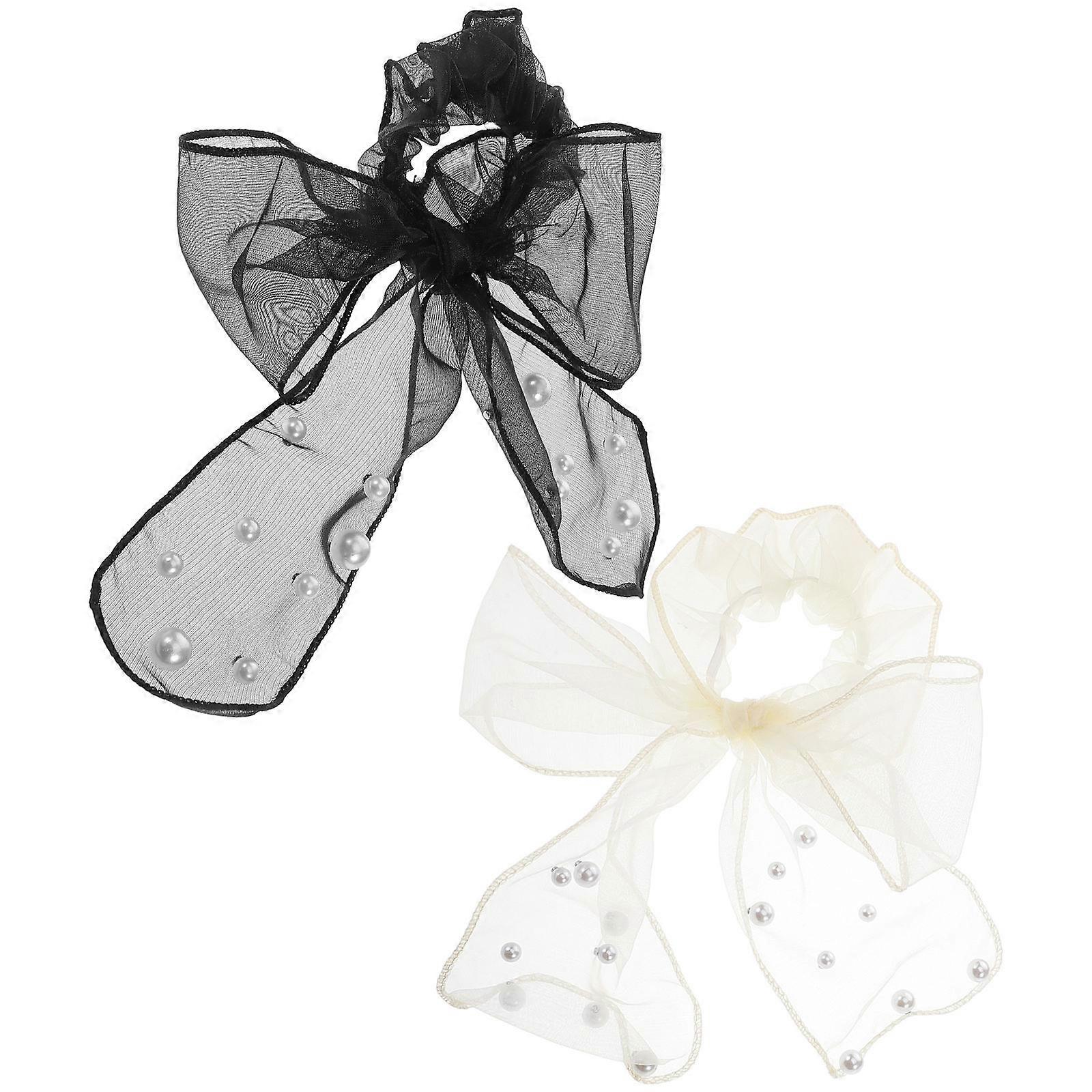 Assorted Color Beaded Mesh Bow Hair Scrunchie for Women 2Pcs High Elastic Tie