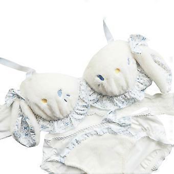 Set da donna 2 pezzi di reggiseno e mutandine pelosi con orecchie da coniglio in peluche arricciate, reggiseno senza ferretto, biancheria intima giapponese, blu cielo XL