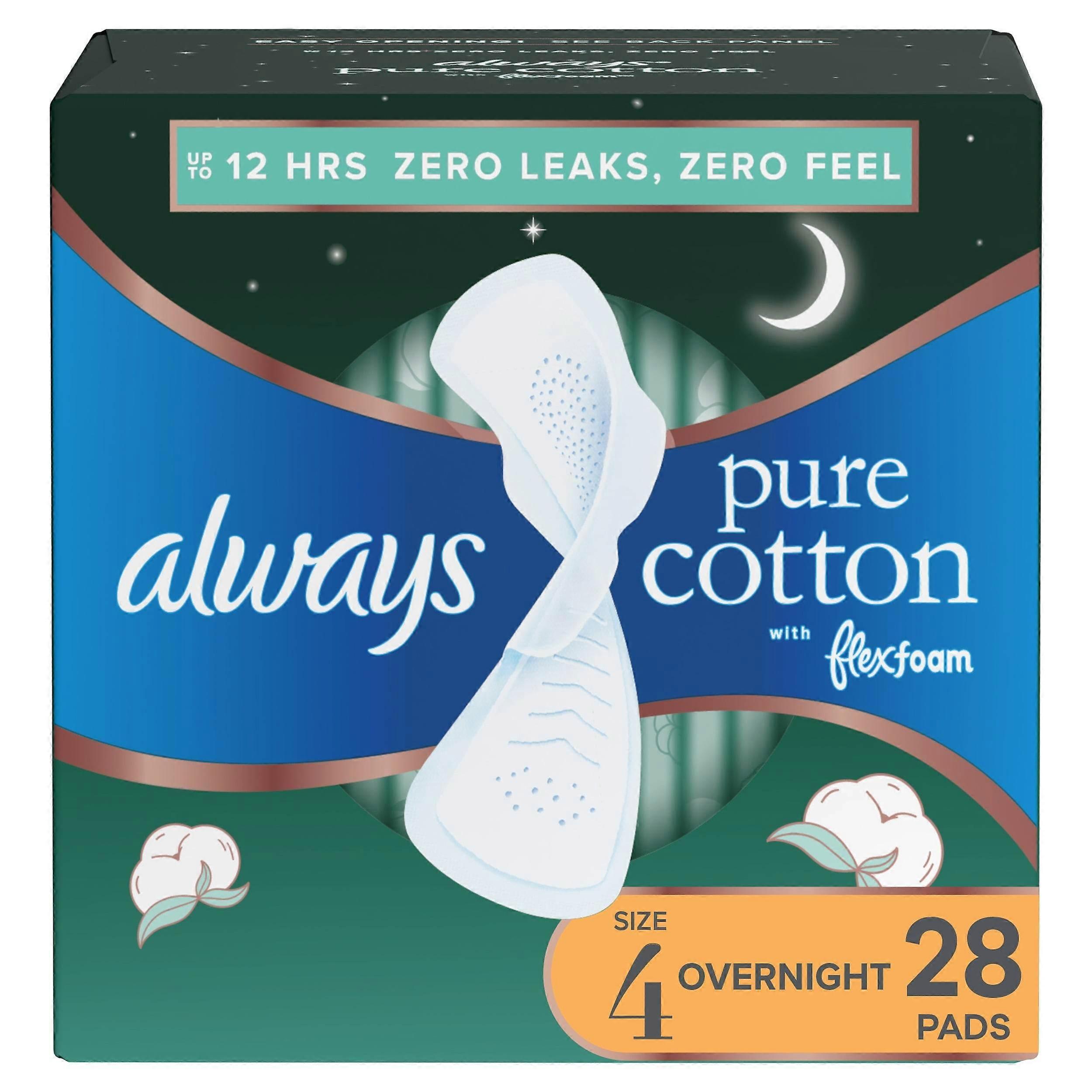 Always Pure Cotton With Flexfoam Pads With Wings, Size 4, 28 Ea
