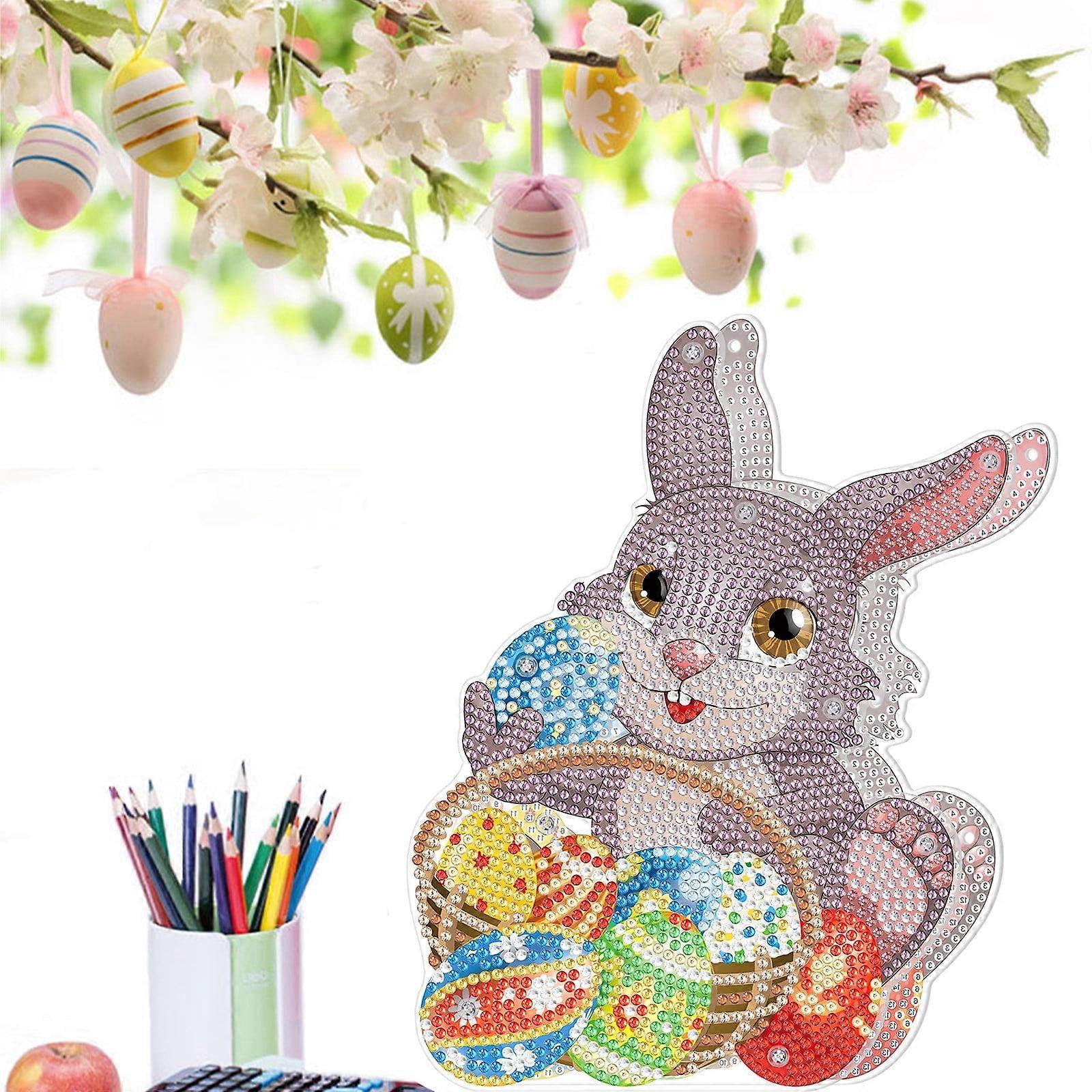 Jacenvly Easter Decorations Clearance, 5D Diamond Art Painting Kits Compatible with DIY Easter Rabbit Eggs Tabletop Decoration with LED String