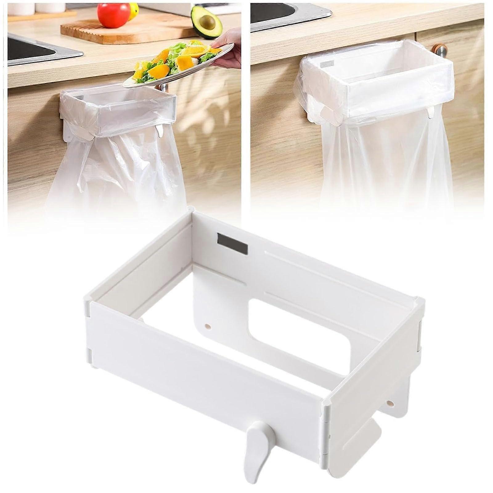 Foldable Trash Bag Holder with Magnetic Closure, Wall Mounted Collapsible Garbage Rack for Kitchen Cabinets, Bathroom, Table Side Use (White)