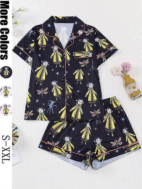 Women's Monkey Print Pajama Set, Short Sleeve Button Front Top & Elastic Shorts, Casual Home Wear, Comfortable Sleepwear