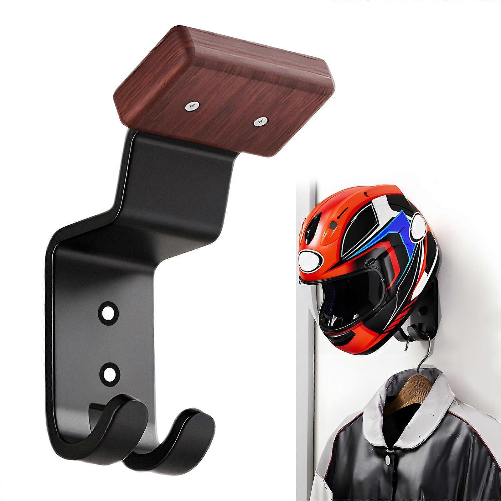 Motorcycle Helmet Rack Wall Mounted Solid Wood and Steel Holder with Dual Hooks for Helmet and Jacket