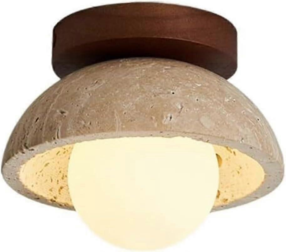 Mid Century Modern Flush Mount Ceiling Light with Solid Wood and Marble Shade for Hallway Kitchen