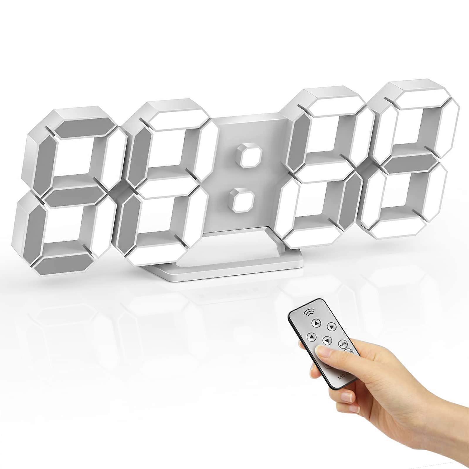 LED Digital Alarm Clock with Remote, Large 3D LED Display, Auto Brightness, Date Temp, White 9.7'