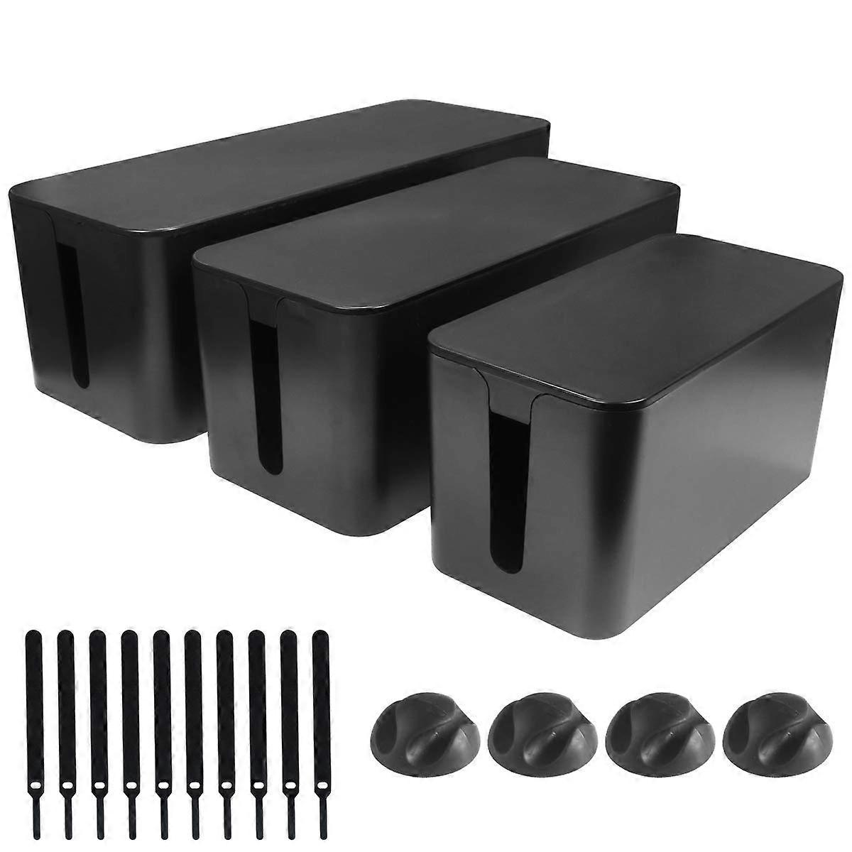 3 Pack Cable Management Box Set with Large Medium Small Sizes, ChildSafe Ventilated Design, Black