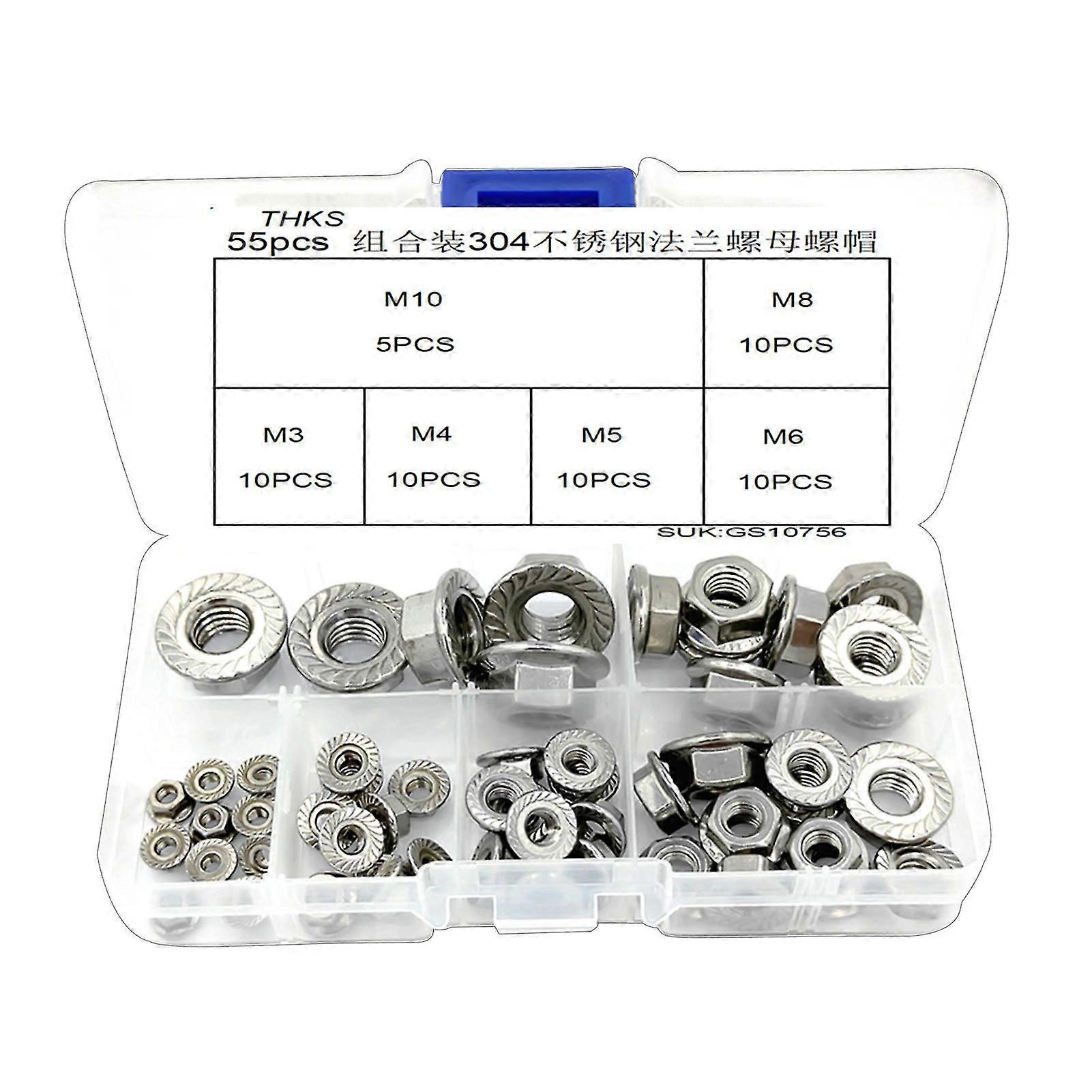 55pcs M3-m10 Flange Nut Smooth Surface Even Distributed Pattern Natural Color Serrated Deep Thread Hex Nut For Construction Machinery
