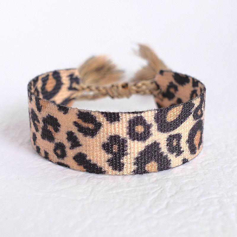 Leopard Print Pattern Polyester Cord Adjustable Bracelets with Tassel Wheat 3/4 inch(1.9~2cm) Inner Diameter: 2~3-1/8 inch(5~8cm)