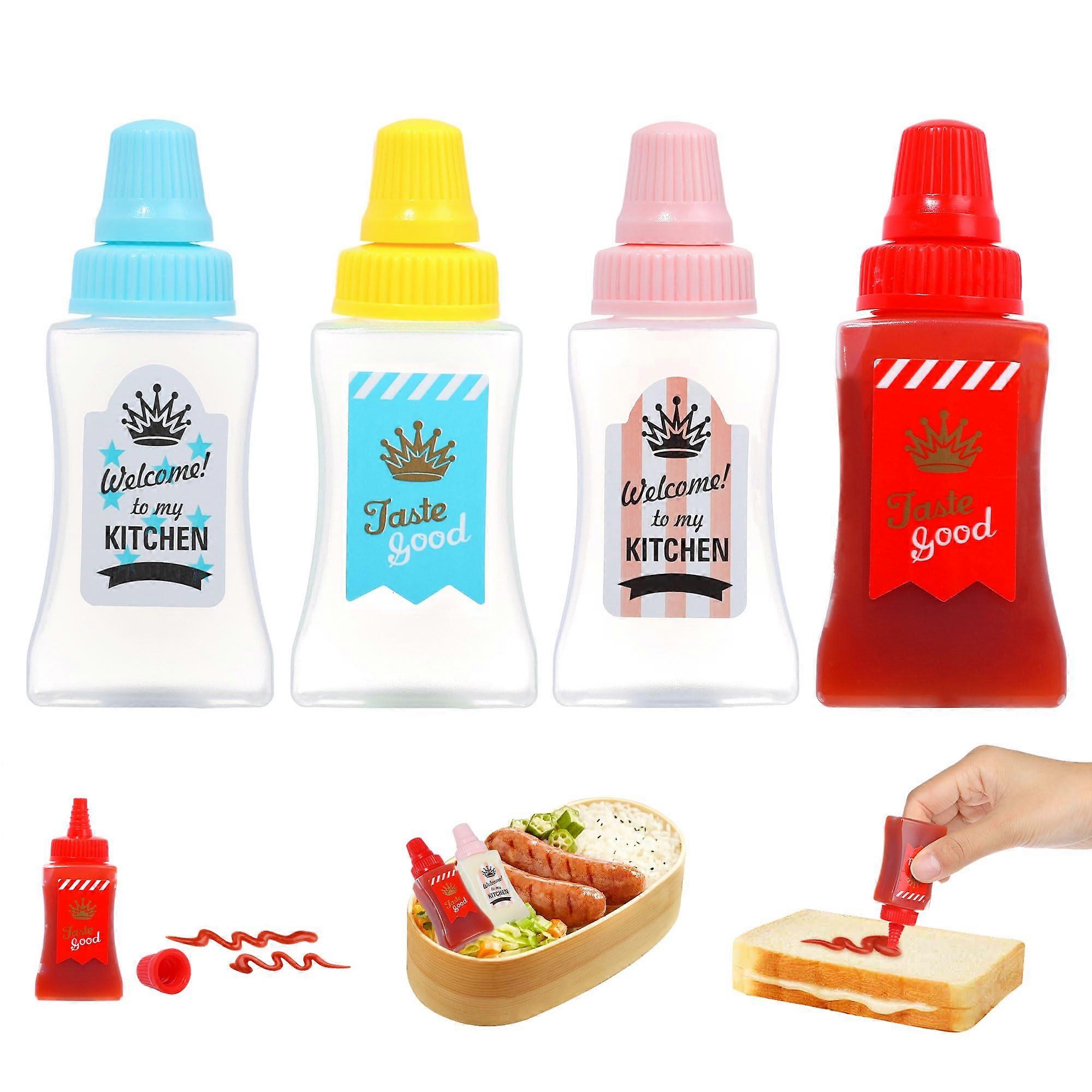 4 Pieces Mini Condiment Bottles 1oz with ColorCoded Caps, Easy Squeeze Bento Sauce Containers for Lunch Box