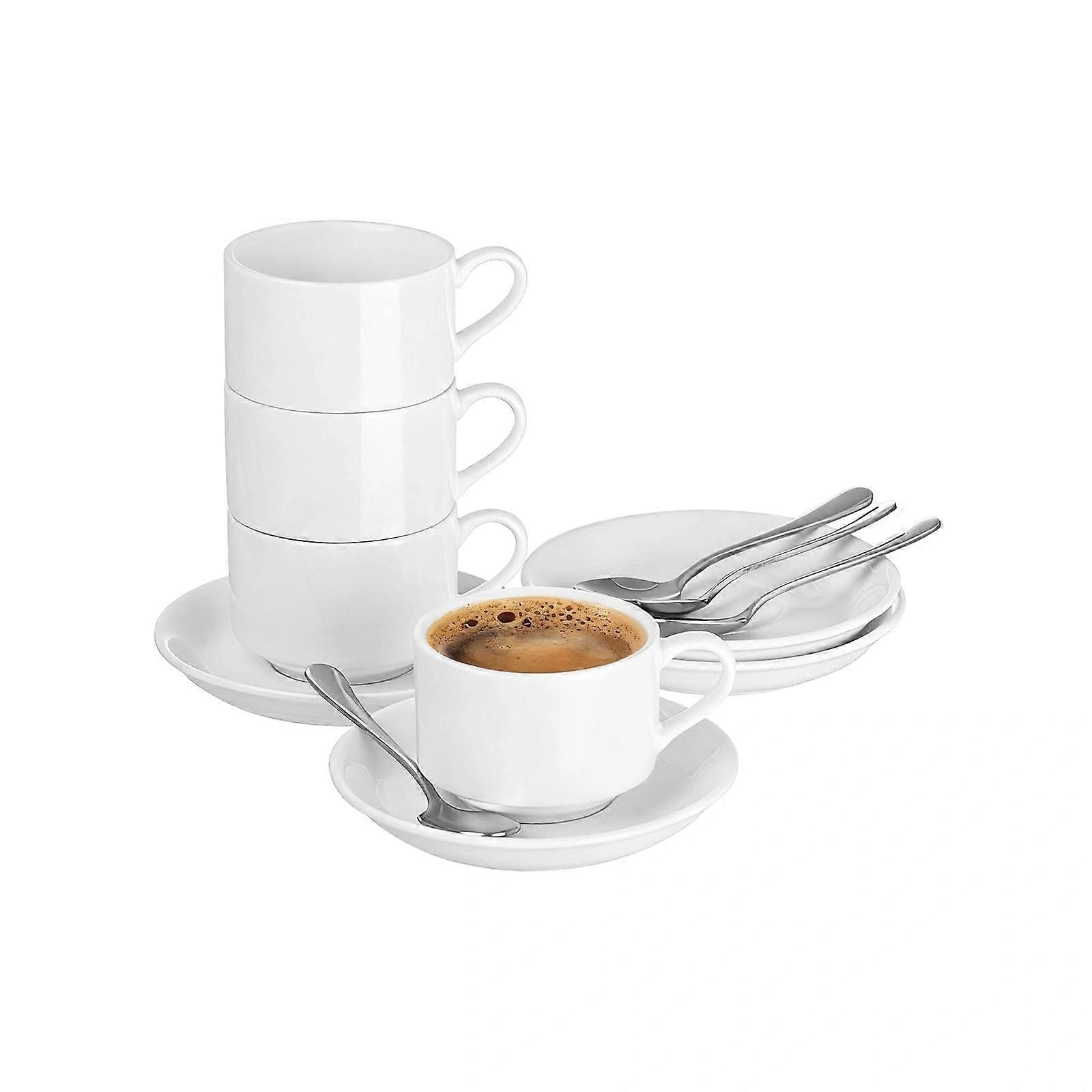 Espresso Cups Set 2.5oz Stackable Porcelain Coffee Cups with Saucers and Stainless Spoons for 4