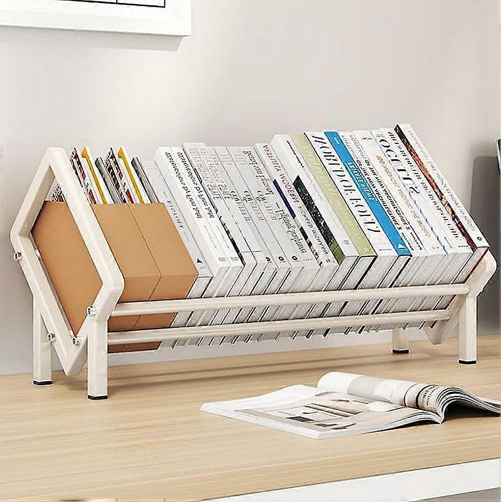 Small White Desktop Book Rack, Solid Wood and Iron Tabletop Bookshelf Organizer with Tilted Support
