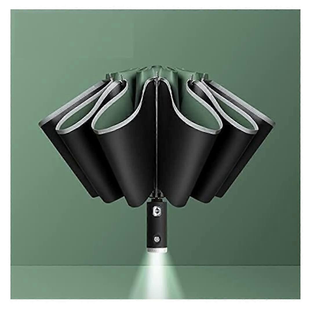 Green Windproof Travel Umbrella Auto Open Close LED Reverse Folding Sun Protection