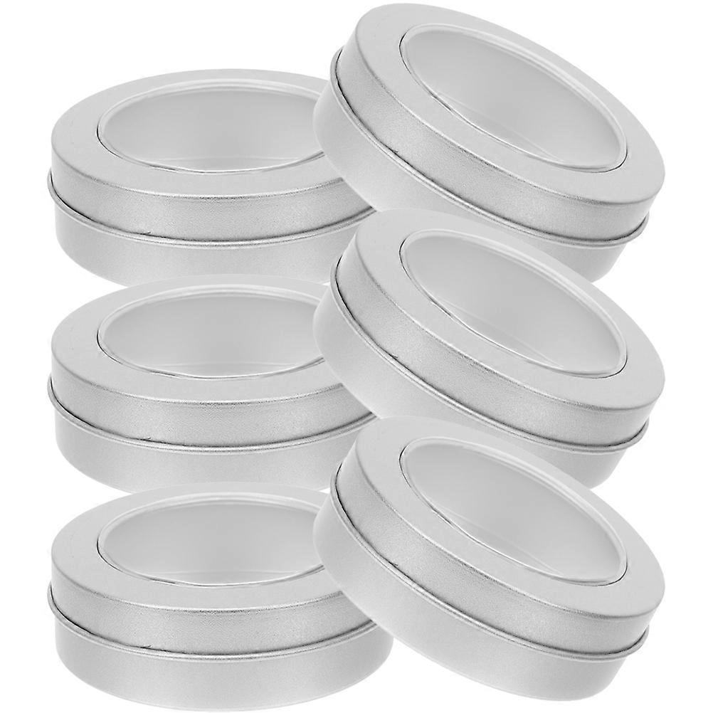 Tinplate Storage Box Silver Round Empty Window Tins with Lid 6Pcs for Storage