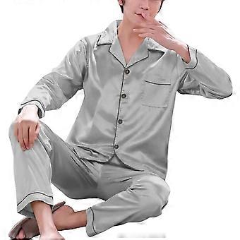 1 Set Men Sleepwear Solid Color Long Sleeved Single Breasted Home Wear Ice Silk Loose Plus Size Pajamas Set