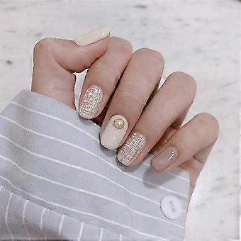 Beige Press On Nails with Pearl Design, Medium Length Fake Nails Kit for Wedding & Party, 24 Pcs